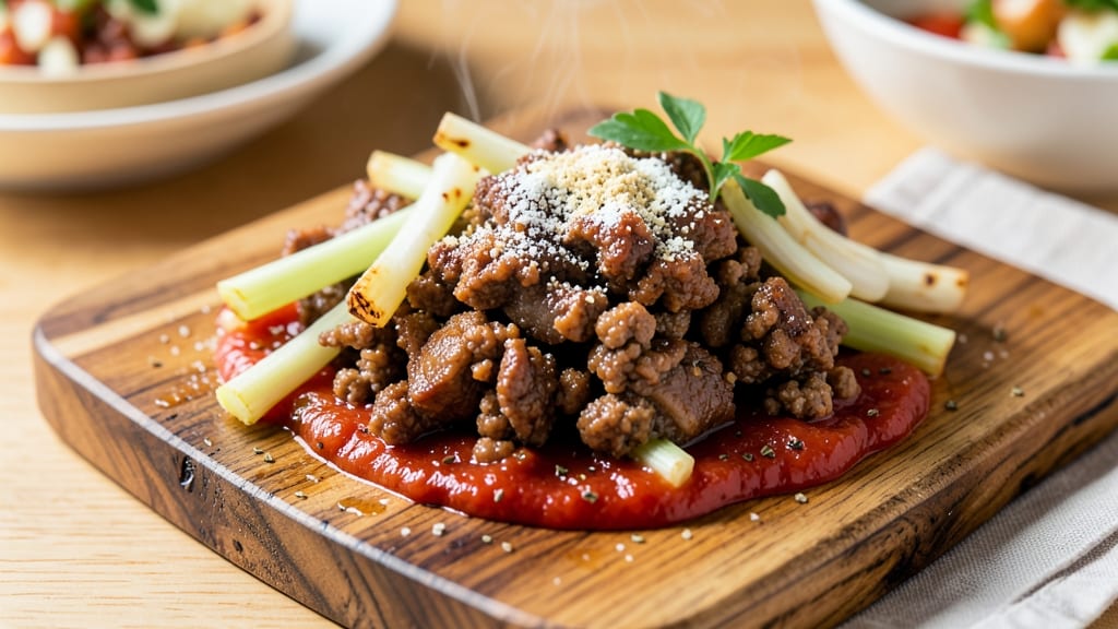 1 Lb Ground Pork Recipe: Crispy Celery Crowns Over Smoky Tomato Gravy