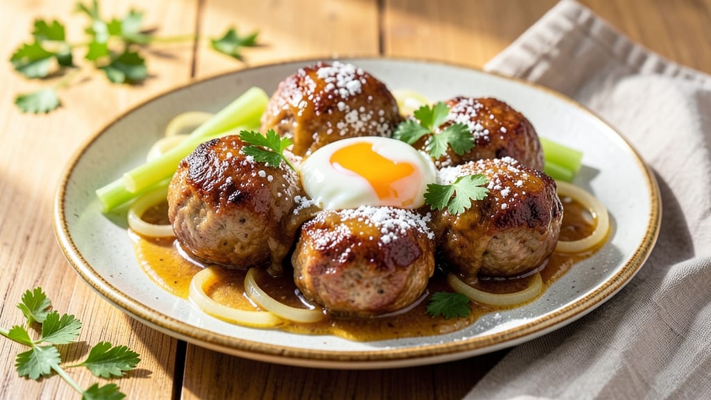 Minced Pork Balls Recipe: Crispy Celery Crowns Over Savory Mushroom Gravy