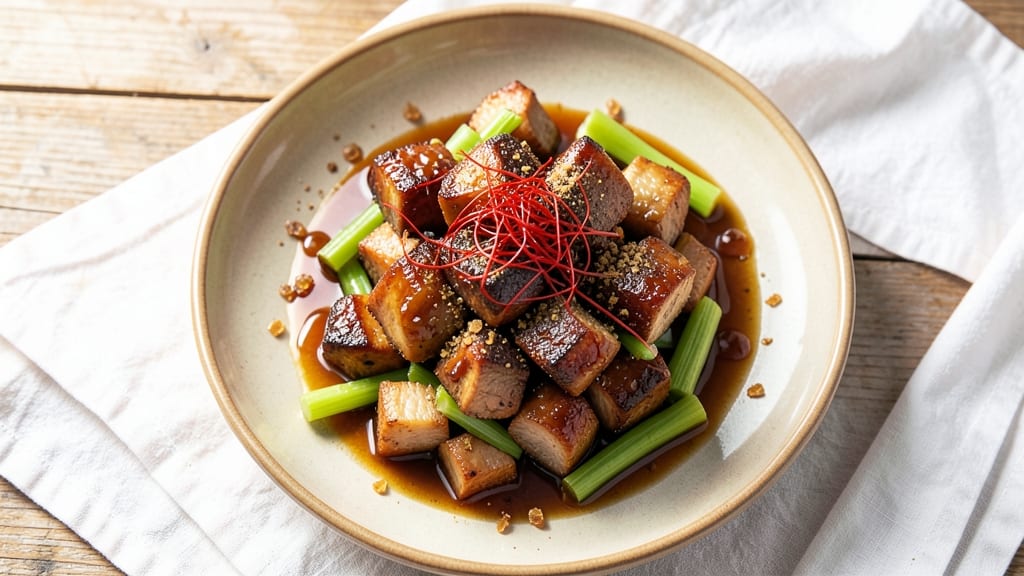 Ah So Pork Recipe: Crispy Celery Crowns Over Smoky Soy-Shredded Meat