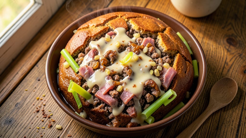 All Pork Meatloaf Recipe: Juicy Pink Centers With Celery Crown Crunch
