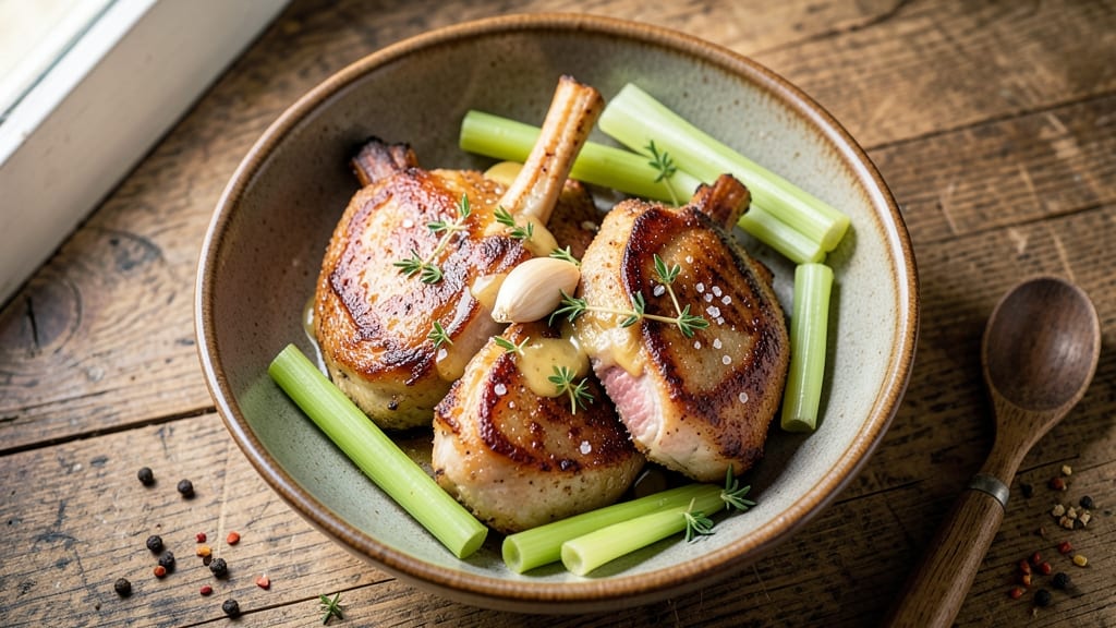 Air Fry Bone-In Pork Chops Recipe: Crispy Celery Crowns Over Smoky Garlic Butter