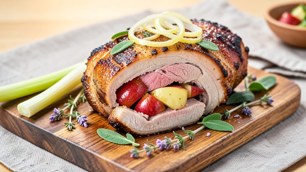 Apple Stuffed Pork Roast Recipe: Celery Crown Crunch Over Apple-Caramelized Gravy